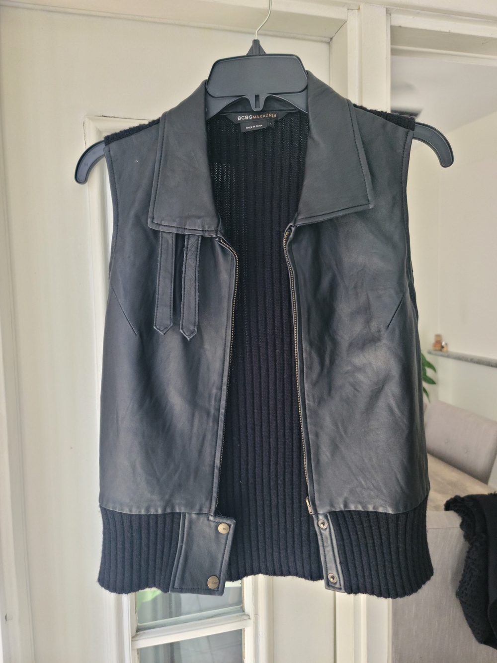 Black Leather-Front Knit Vest Jacket - Women's